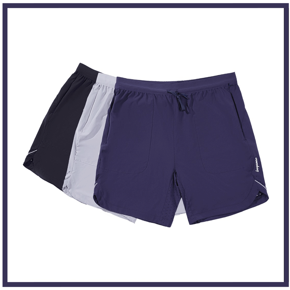 Three pairs of Loogaroo athletic shorts in black, white, and navy blue displayed overlapping on a white background with a navy border and Loogaroo logo at the top.