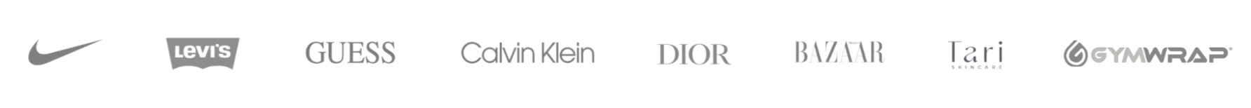 Client logos including Nike, Levi’s, Guess, Calvin Klein, Dior, Harper’s Bazaar, Tari Skincare and GymWrap.