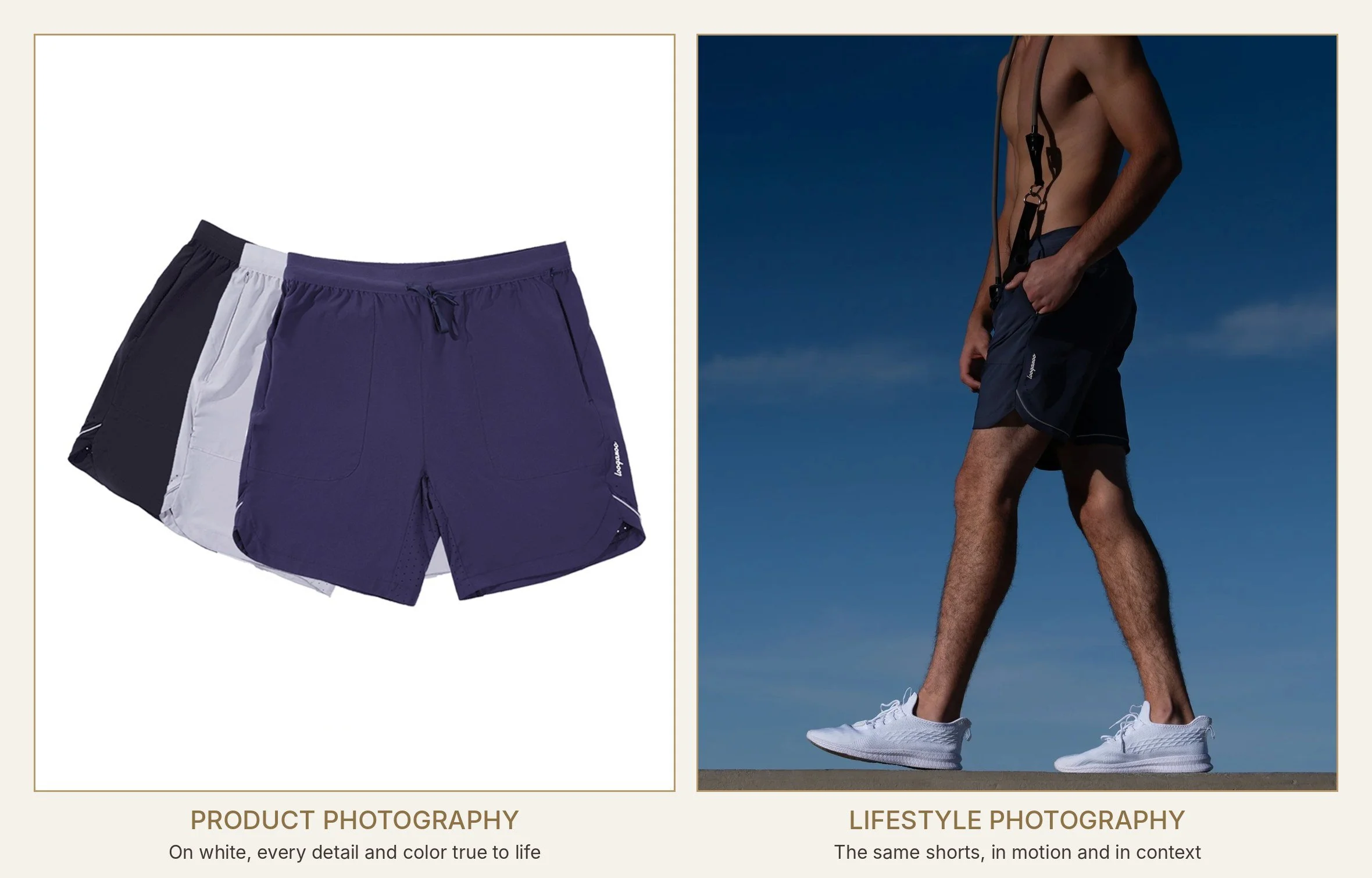 Loogaroo men's athletic shorts shot two ways: product photography on white and lifestyle photography outdoors, by Chris Frara Studios