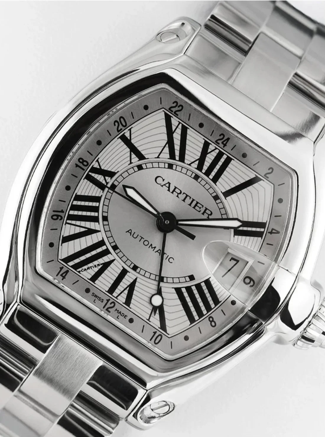 Cartier Roadster automatic watch with Roman numeral dial, close-up luxury watch product photography