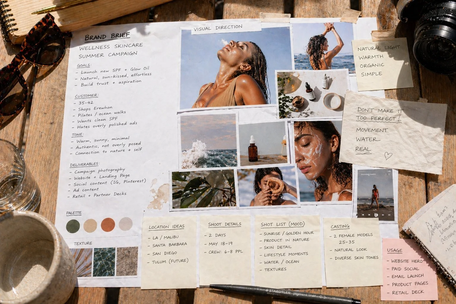 Brand brief mood board with reference photos, color swatches and notes laid out on a table for a commercial photo shoot