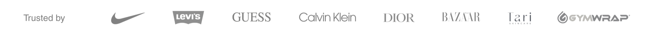 Client logos including Nike, Levi’s, Guess, Calvin Klein, Dior, Harper’s Bazaar, Tari Skincare and GymWrap.