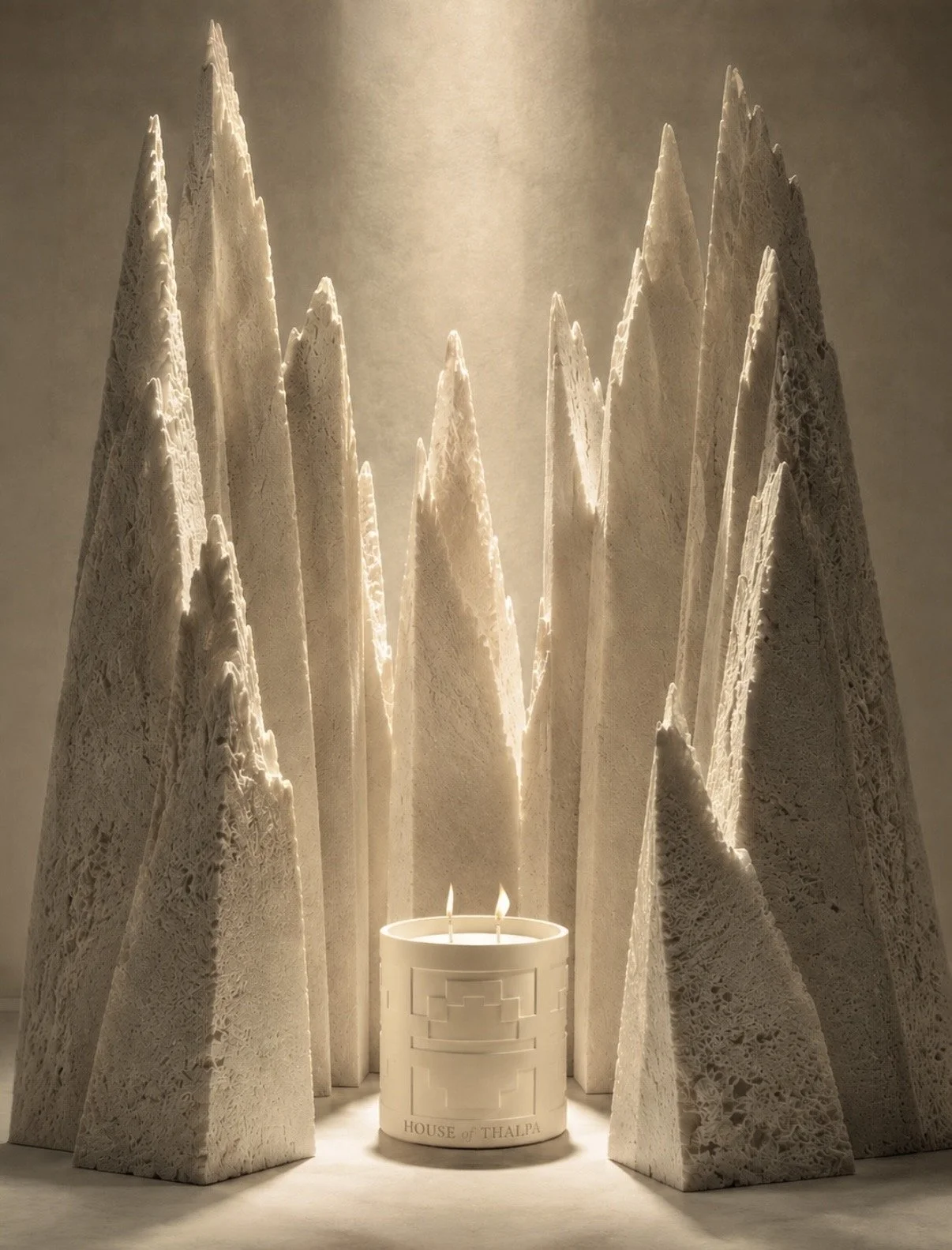 Luxury candle product photography featuring a House of Thalpa candle framed by sculptural stone forms, with warm directional lighting creating dramatic texture, depth and an architectural composition