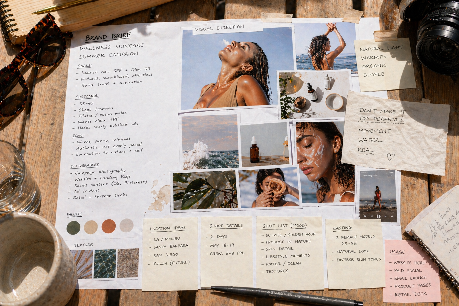 Brand brief and mood board for a wellness skincare campaign shoot in Los Angeles, Chris Frara Studios