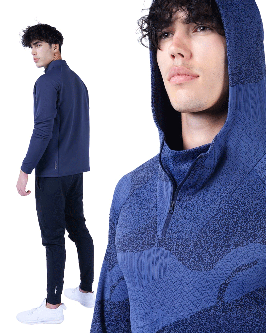 Male model wearing a blue performance top and pants photographed against a white studio background