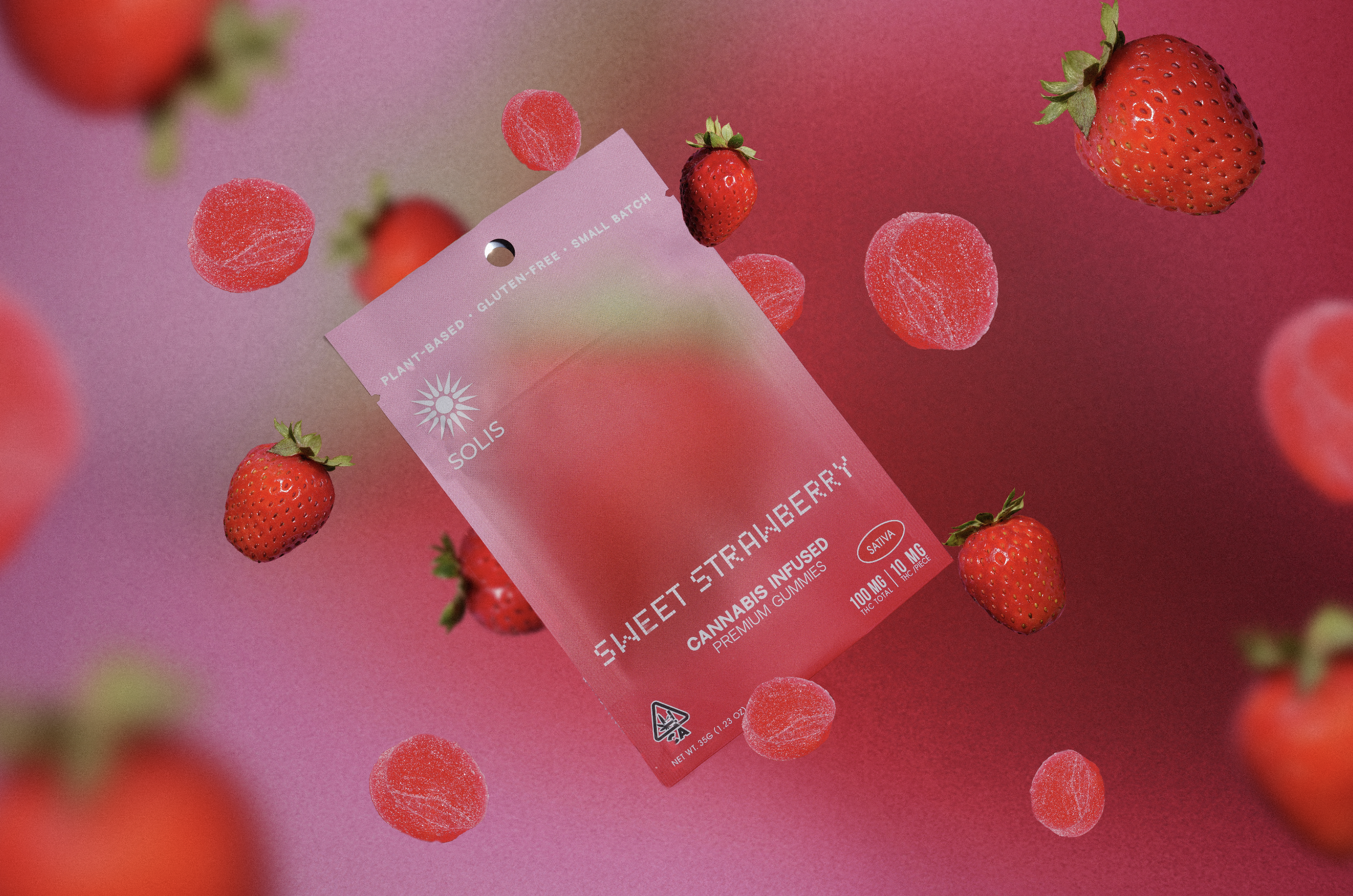 California cannabis packaging photography featuring Sweet Strawberry product with floating fruit