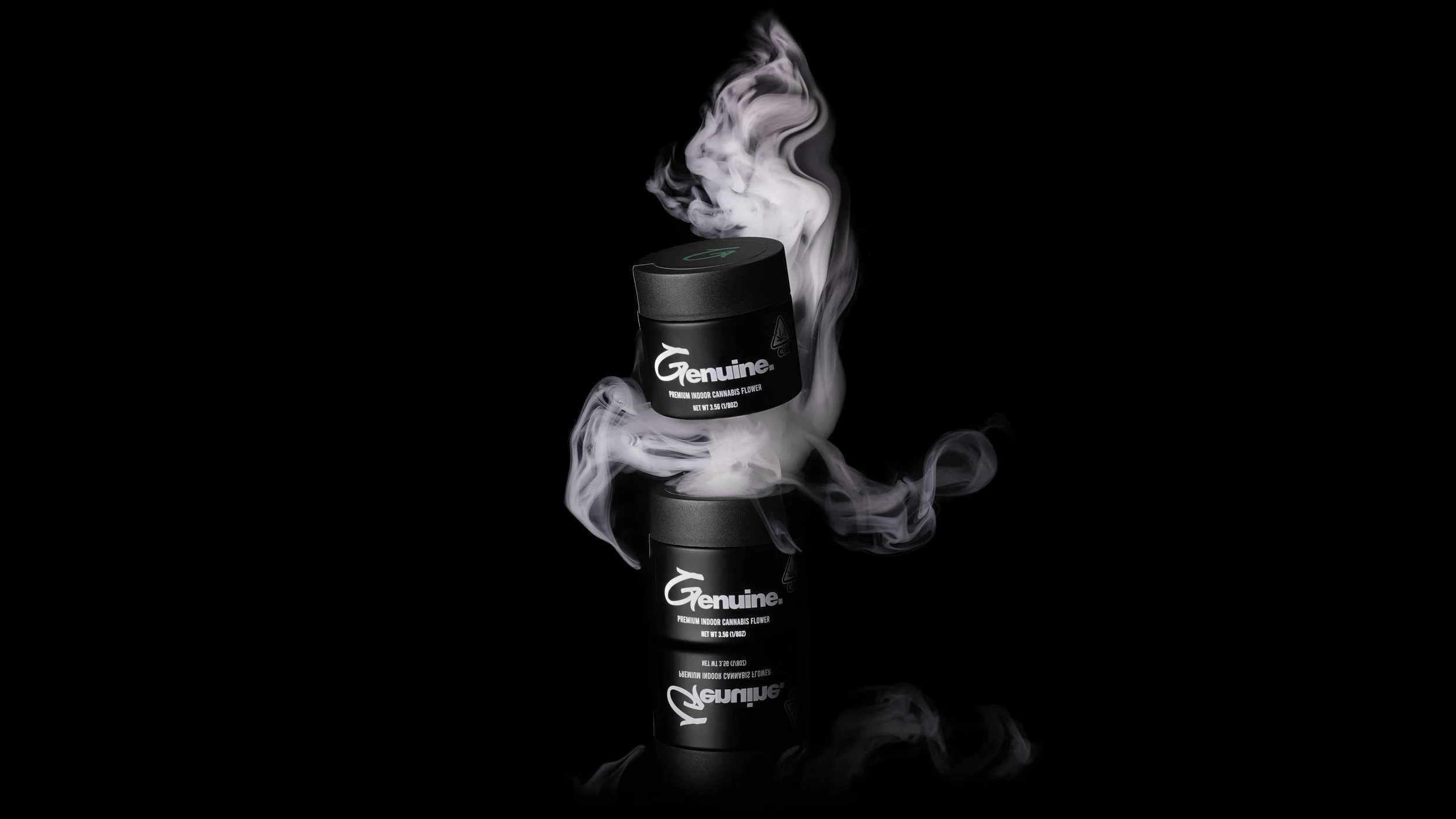 cannabis product photography in California featuring black jar with smoke effect