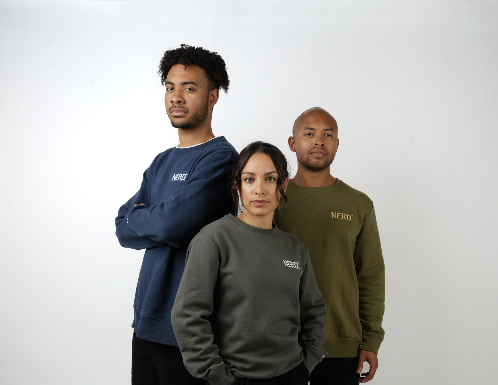 three-person apparel campaign on white - product photographer Los Angeles