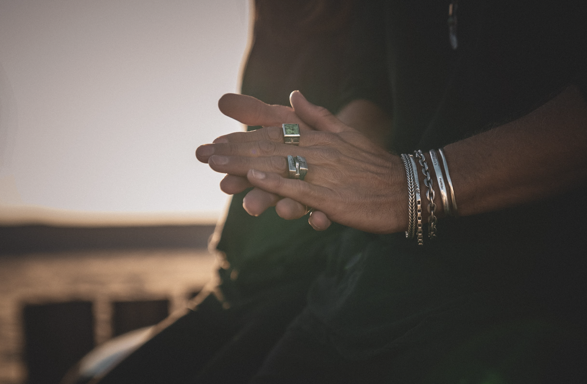Sunset lifestyle campaign for Buck Palmer premium jewelry, photographed by the beach in Malibu