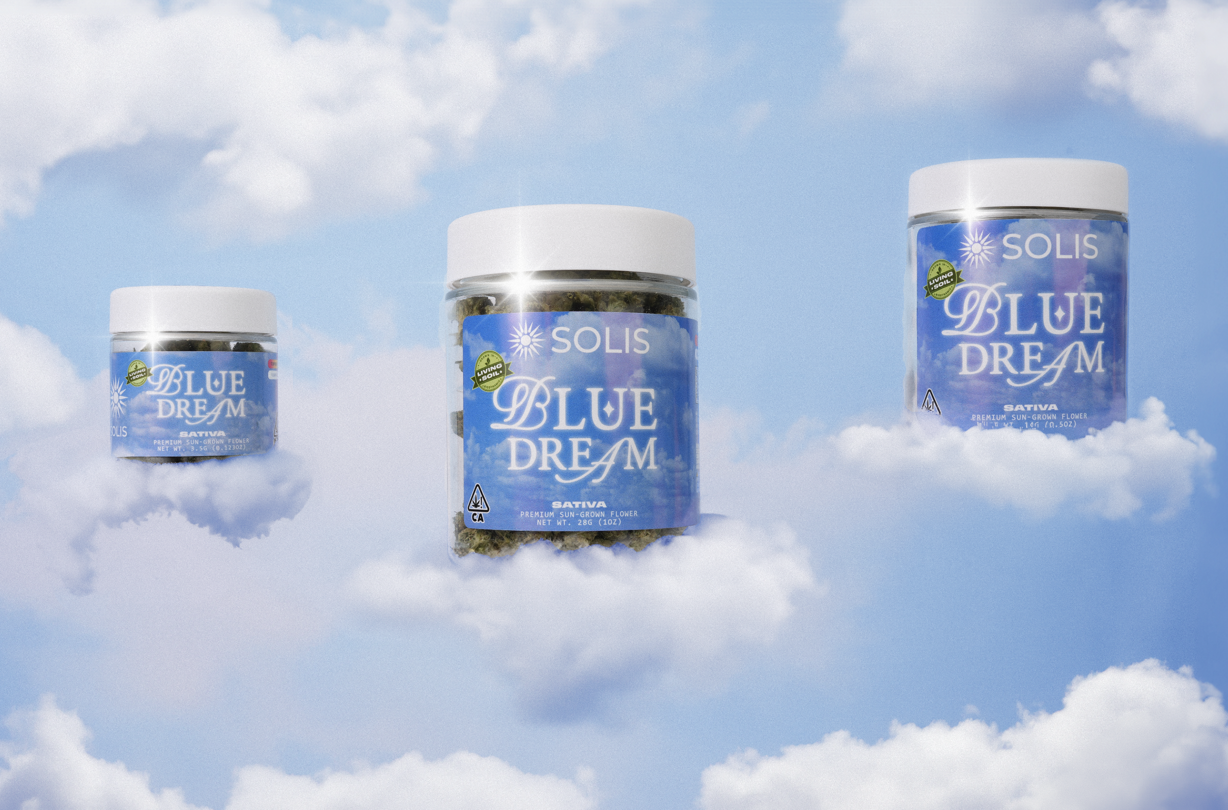 California cannabis product photography featuring Solis Blue Dream flower jars styled in clouds