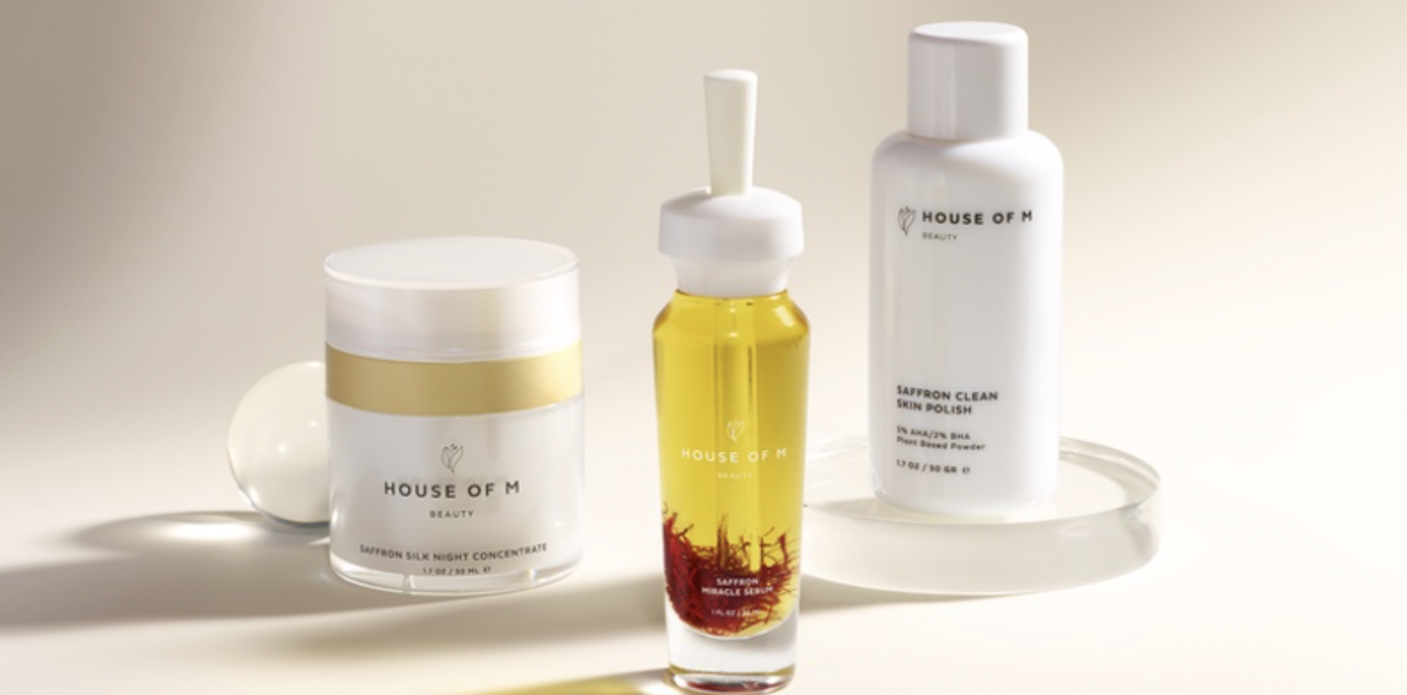 House of M Beauty skincare serum and moisturizer flatlay — beauty product photographer San Diego