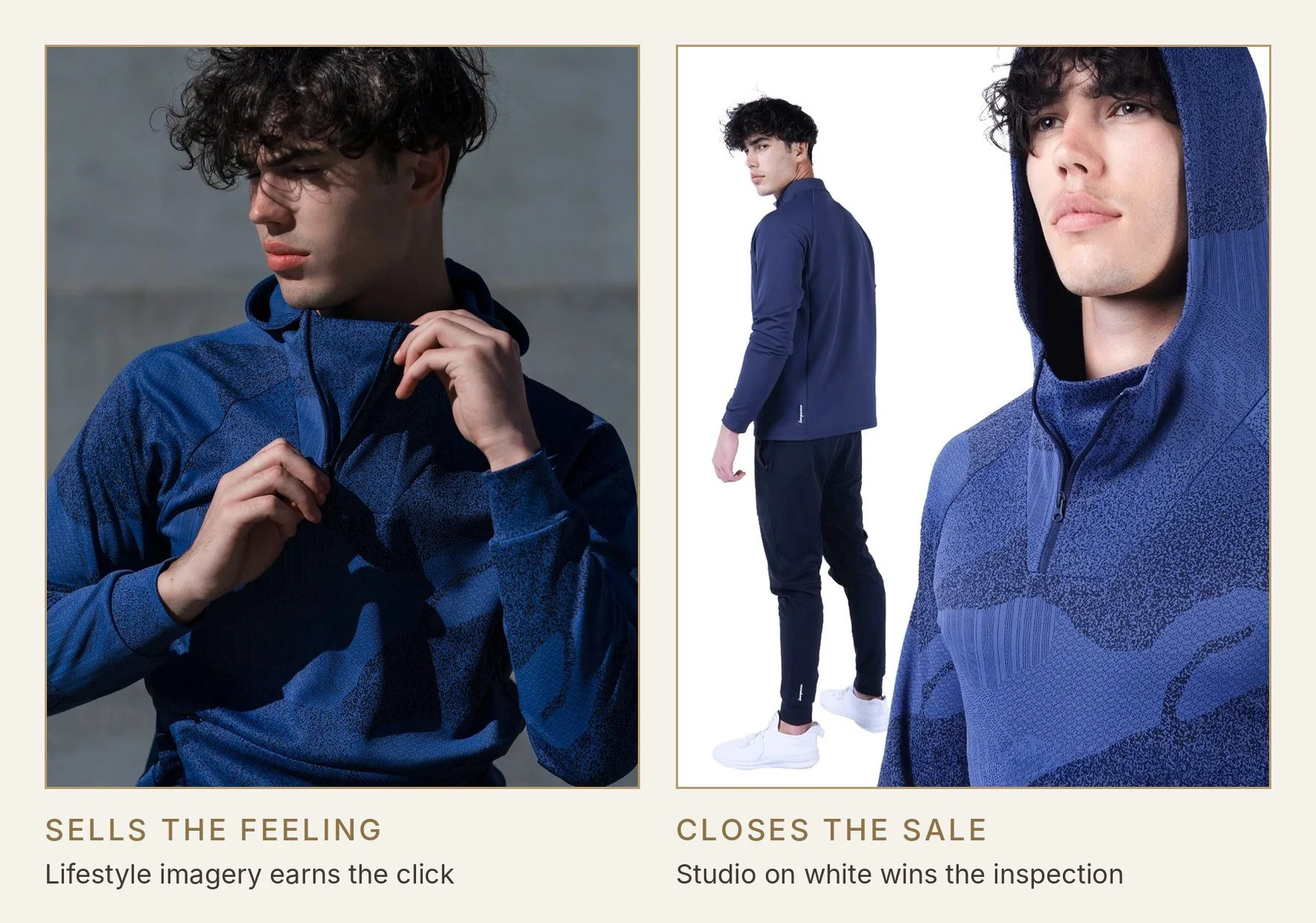 The same blue quarter-zip shown two ways: a moody lifestyle portrait against concrete, and full-length and close-up studio shots on white