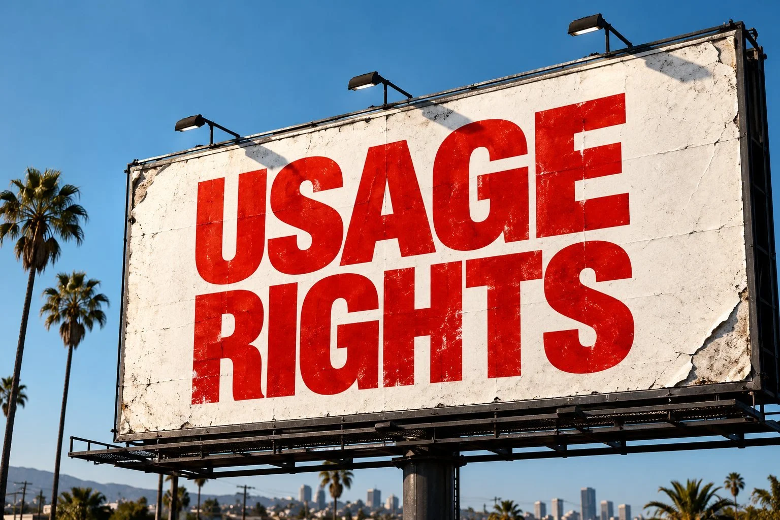 Weathered Los Angeles billboard reading Usage Rights against a blue sky with palm trees