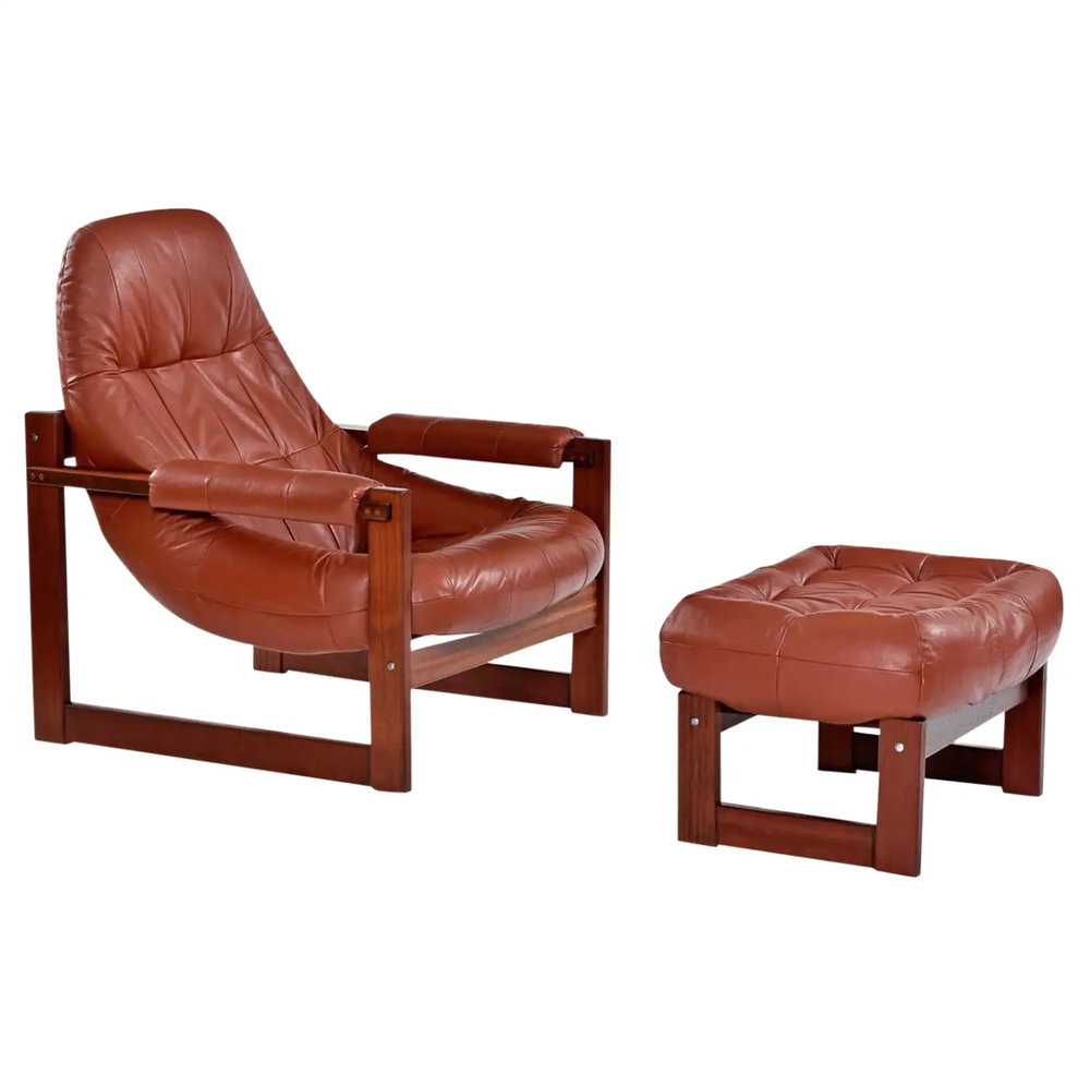 Rosewood &amp; Cognac Leather Mp-163 "Earth Chair" &amp; Ottoman by Percival Lafer