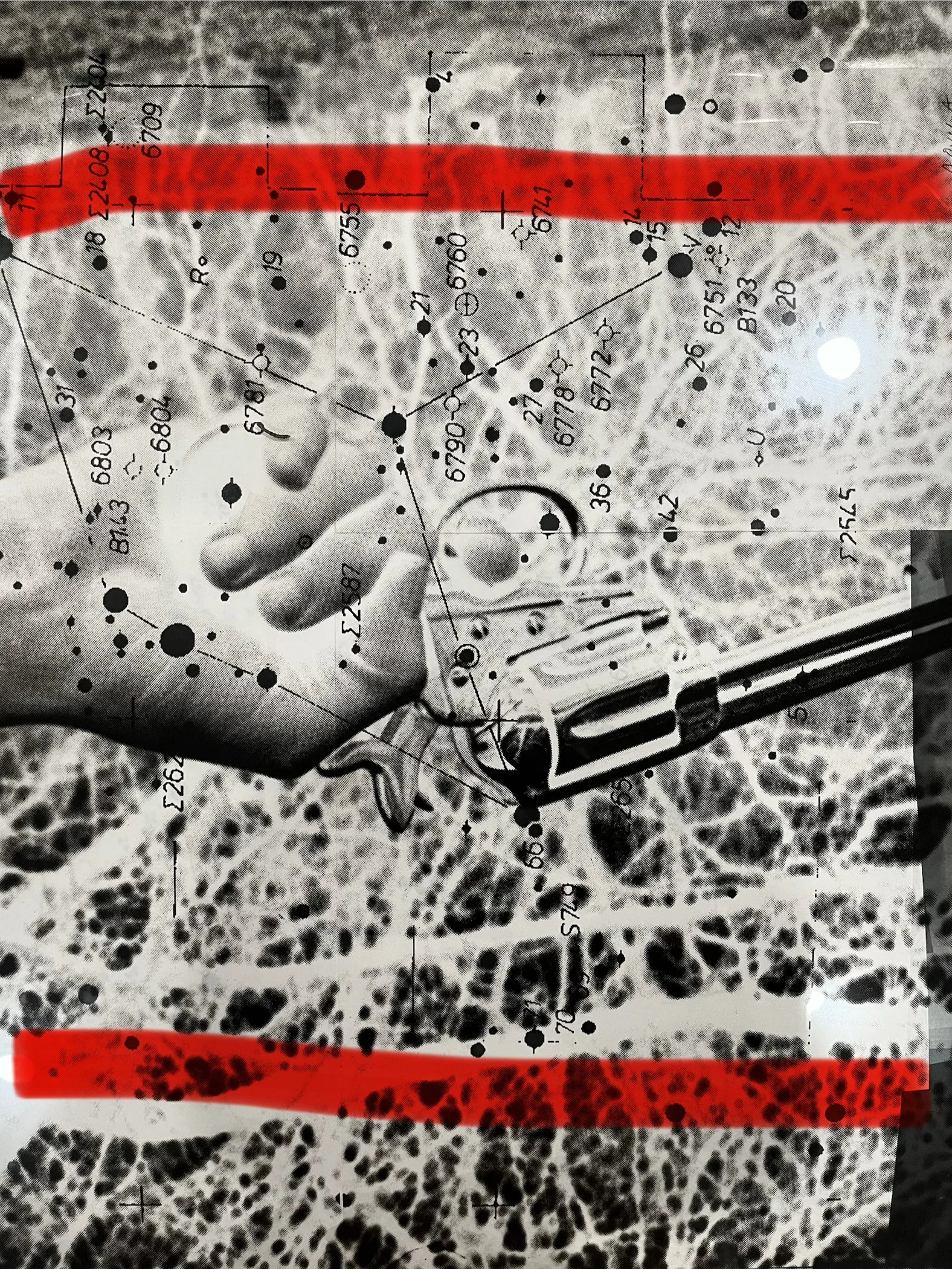  Kadie Salfi   
 Gun : Hunter : Fire   
16" x 20" 
Mixed Media My work explores fire not as a literal flame, but as a catalyst for action and a tool of the hunter. By layering a photographic image of a handgun over the constellation Orion—the celesti