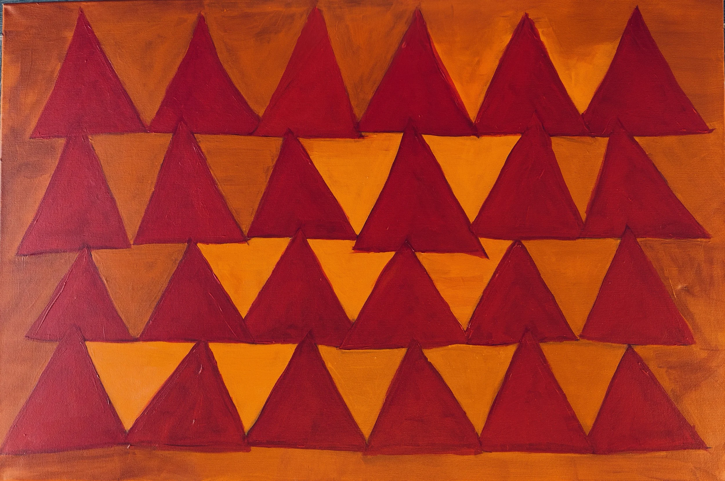  Felice Mendell   
 Aflame   
24" x 36" 
Acrylic on canvas Leo is a fire sign. As a Leo, I identify with many of its supposed characteristics – passion and desire, creativity and ambition, strength and leadership. Those are some of the warm and glowi