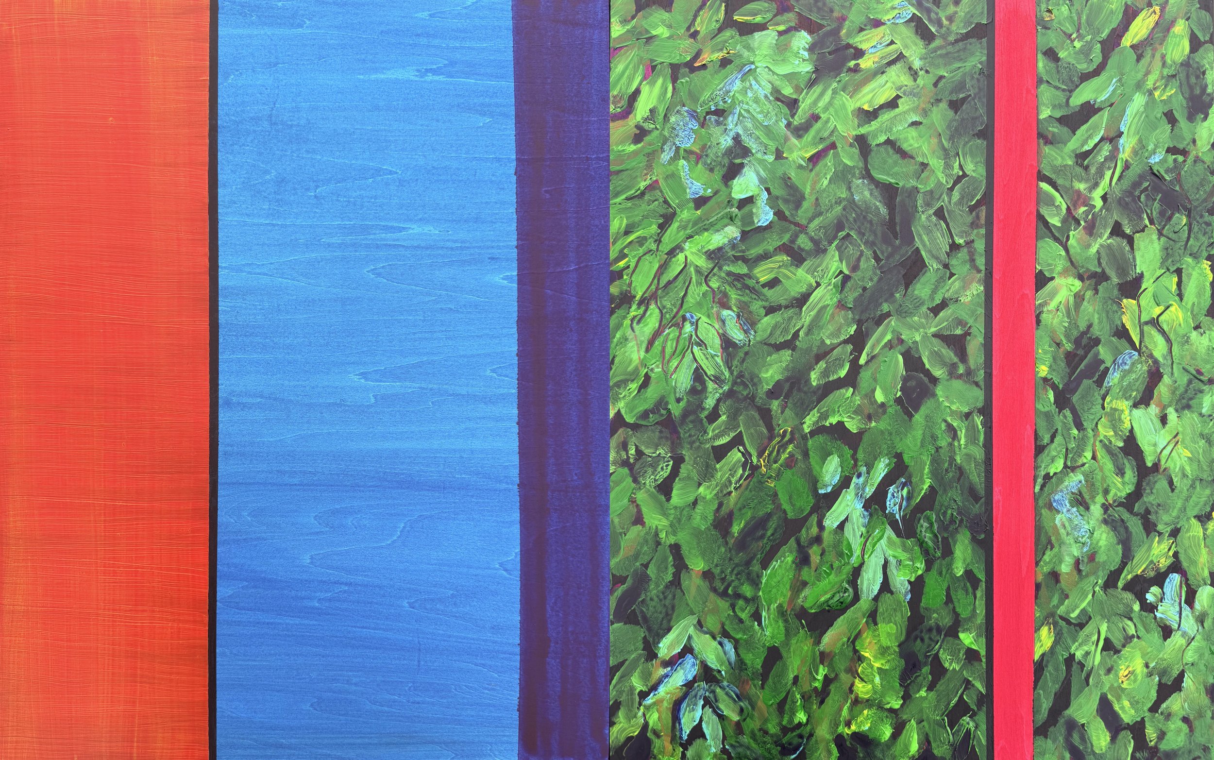  Jonathan French   
 Palace (Diptych)   
20" x 32" 
Acrylic on wood Inspired by Barnett Newan's "Zip" paintings" and James Turrell's light spaces. I am interested in the hypnotic effects of color and space on the eye. For the leaves, I referred to a 