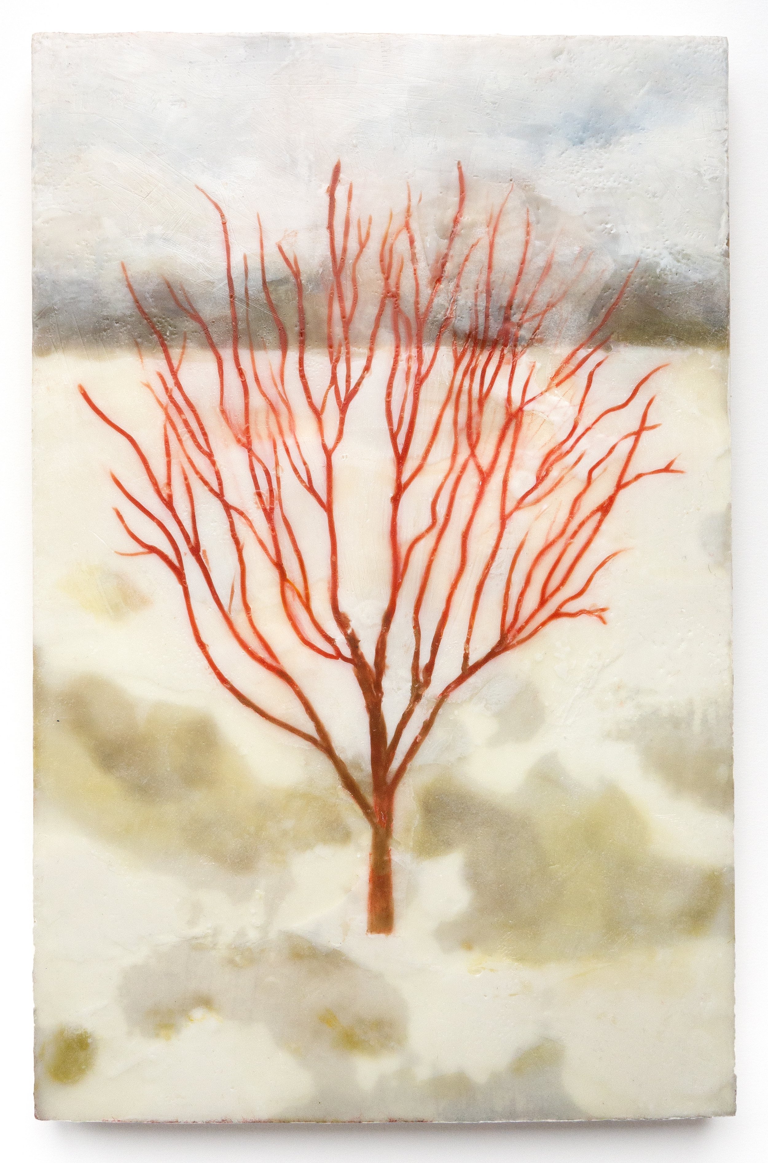  Jade Donaldson   
 Aries I   
7" x 11" 
Encaustic and mixed media on wood We tend to associate spring with green, but I would posit that red is the true harbinger of the season. Red is a sign that spring's furnace has turned on, warming and loosenin