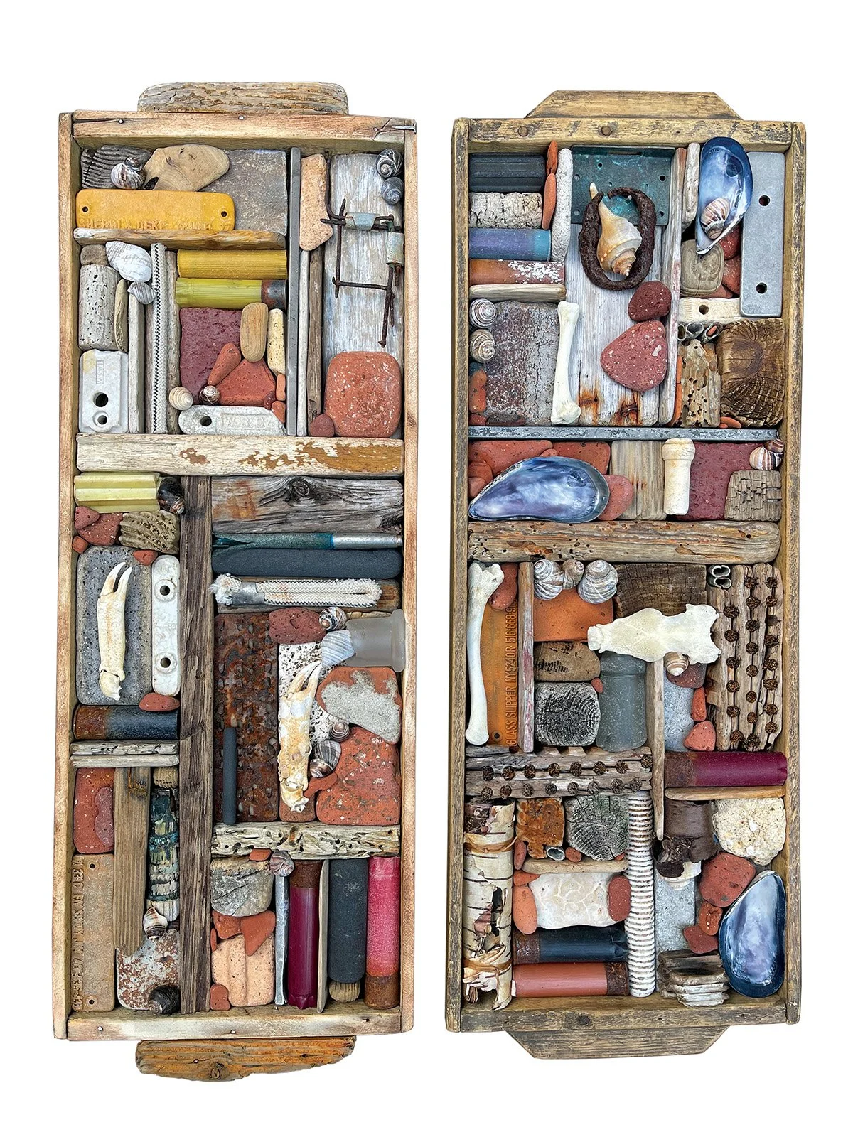 Lost & Found Diptych, 8.5" x 23", mixed media and reclaimed vintage wooden trays