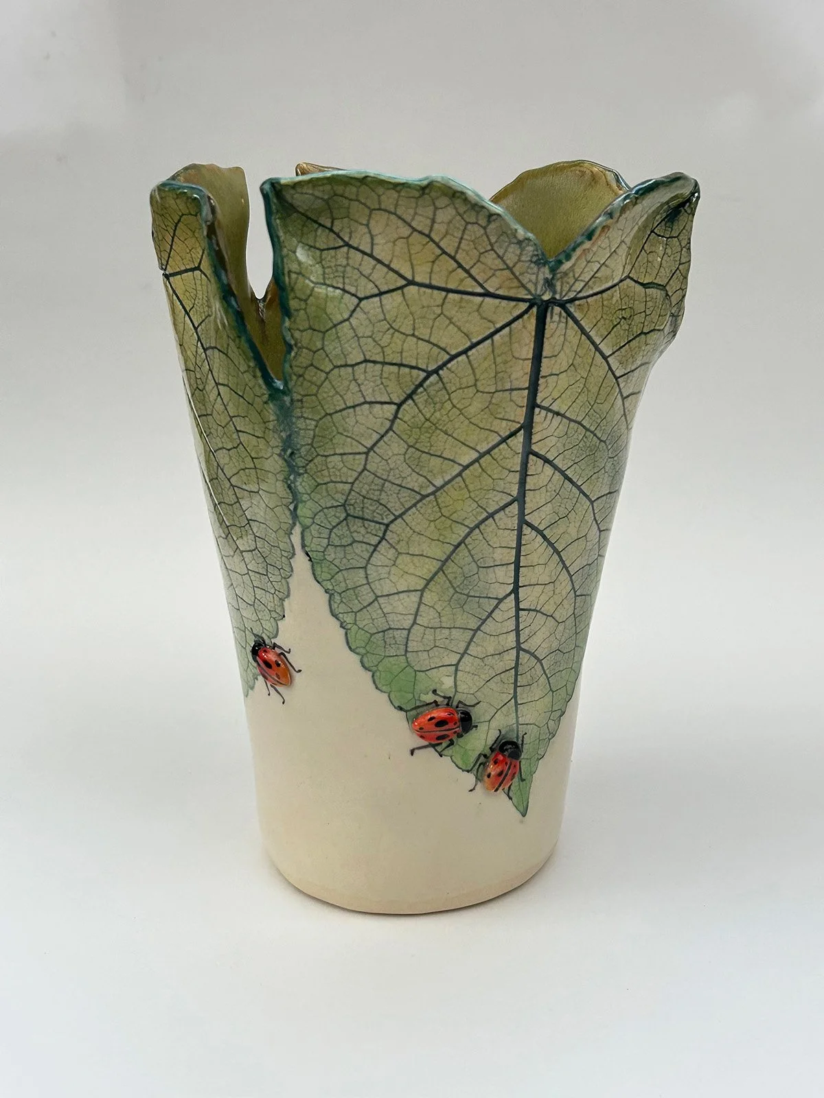 Ladybugs & Salvia Vase, 9", stoneware