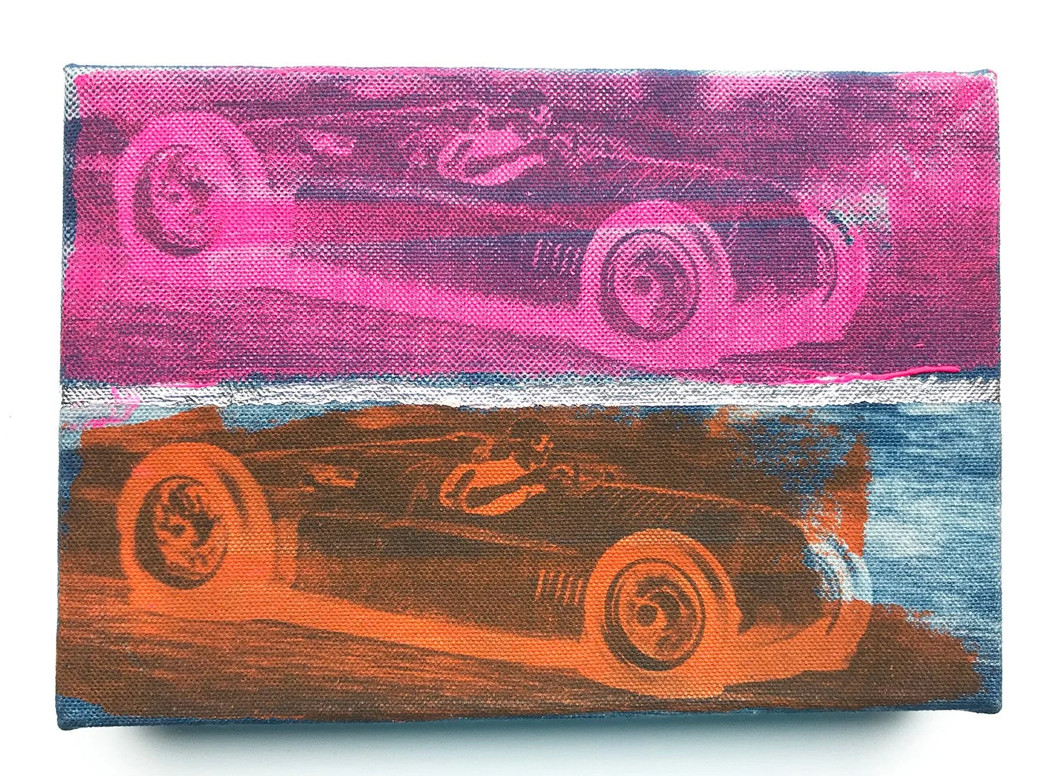 Pink & Orange Race Car, 9" x 7" x 1½", cyanotype & acrylic on canvas