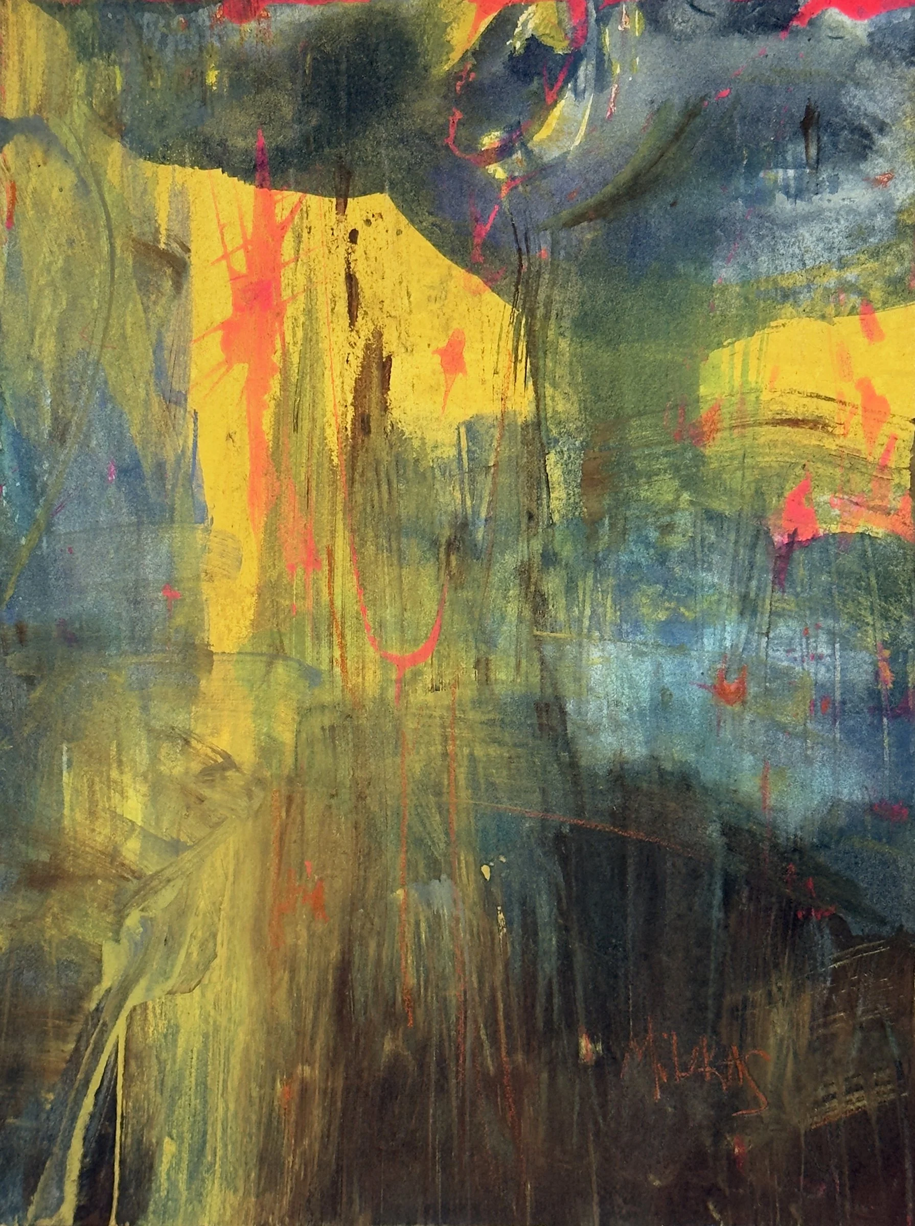  Kelly Milukas   
 Electricity   
8" x 6" 
Eatercolor, gouache, ink, sgraffito "Electricity" fires are typically caused by faulty "mental "wiring, overloaded "care for one another" circuits, or "malfunctioning" humans. Hazardous arcs and sparks are g