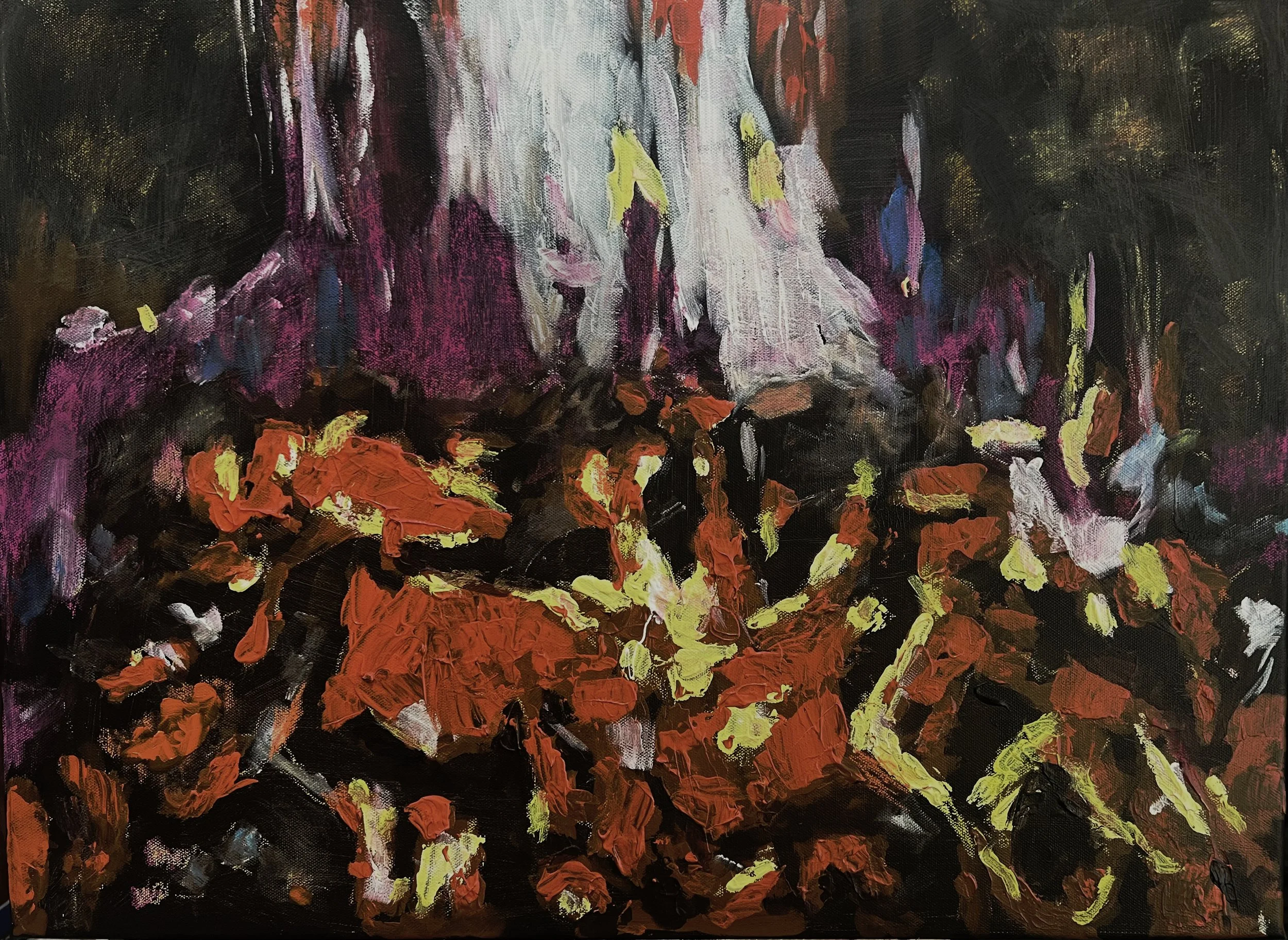  Robert Dec   
 Democracy on Fire   
18" x 24” 
Acrylic, pastel My recent series of fire paintings were Initially  inspired by the flickering shapes and colors of the fires in pits, bonfires and fireplaces. I decided to express this one in a more abs