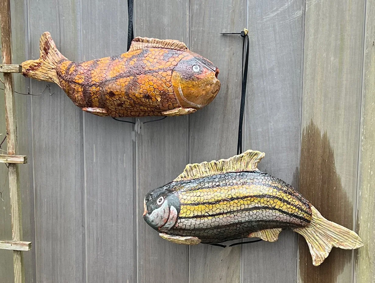 Tautog and Striper, 6" x 15" each, terracotta and underglaze