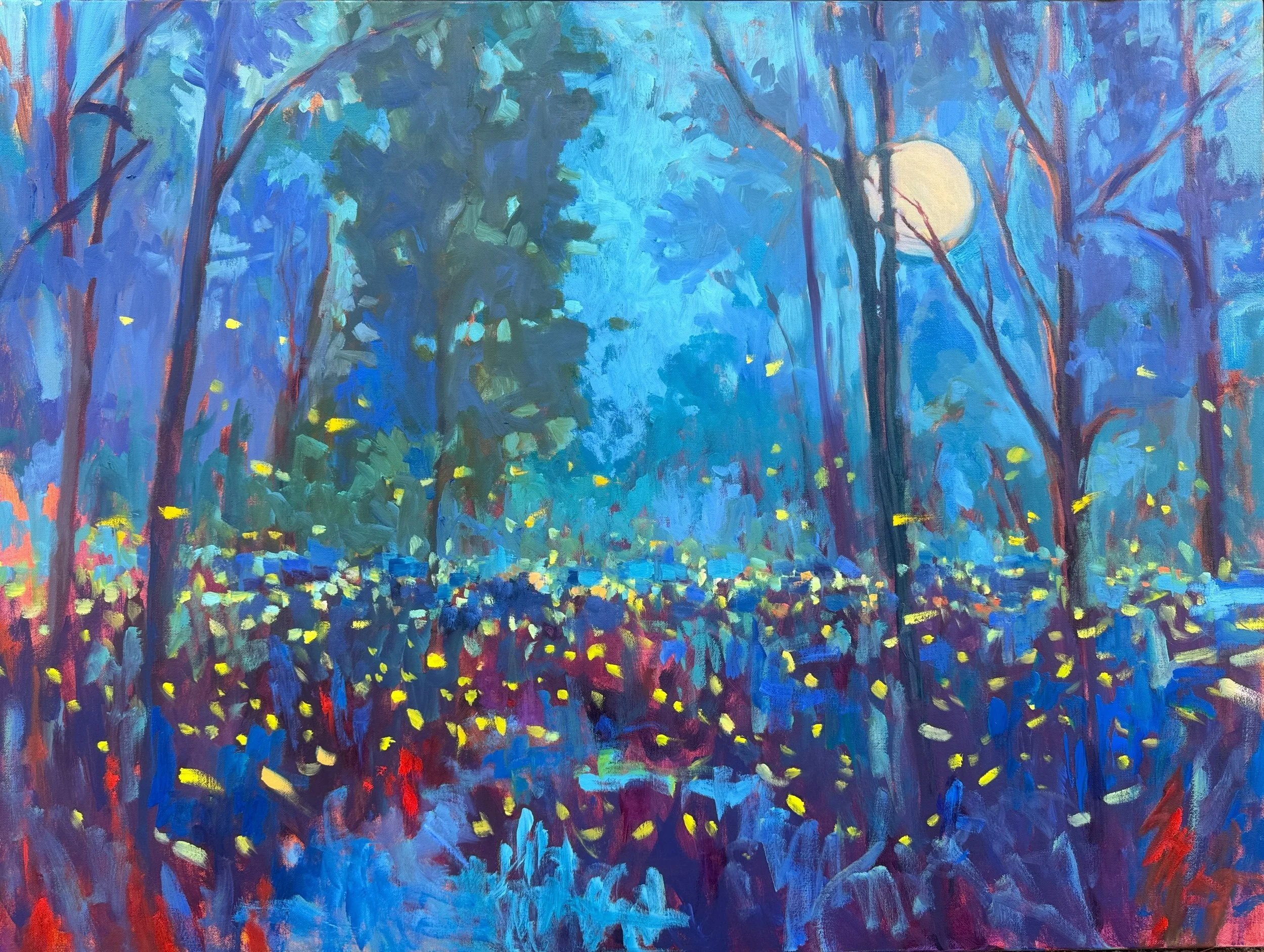  Barbara Edlund Healy   
 Dance of the Fire Flies   
40" x 30" 
Oil "Dance of the Fireflies" is inspired by the magic of nature. It’s amazing how such tiny insects can create something so beautiful. This painting is a reminder that no creature is too