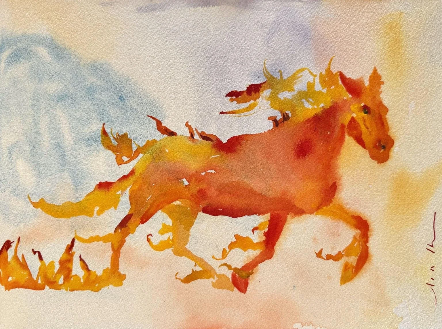  Ashley Ainsworth   
 Fire Horse 2026   
12" x 9" 
Watercolor I wanted to describe in paint the Fire Horse in honor of the extremely rare Chinese Zodiac cycle pairing of 2026. I thought watercolor would be an interesting medium to represent the inten