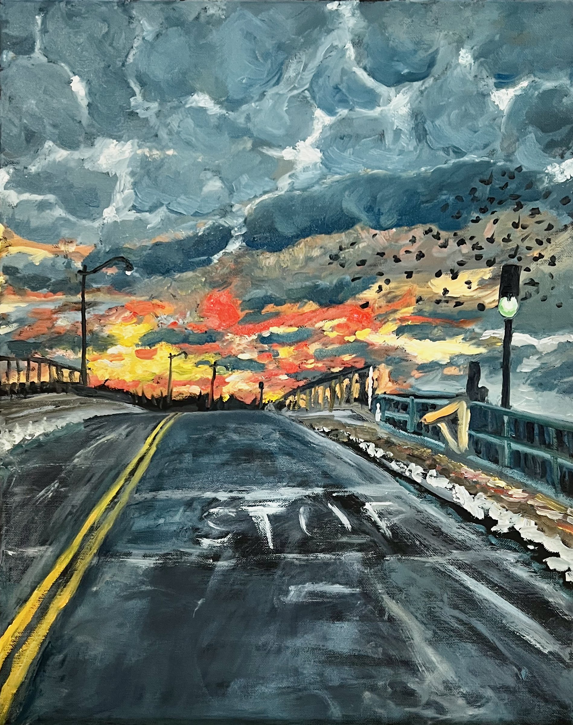  Kitt Shaffer   
 Bridge Sunset   
20" x 16" 
Oil on canvas As I was driving away from Padanarum, over the drawbridge in the evening, there was an amazing blazing sunset. I yanked out my phone and shot a couple of blurry images while driving (dangero