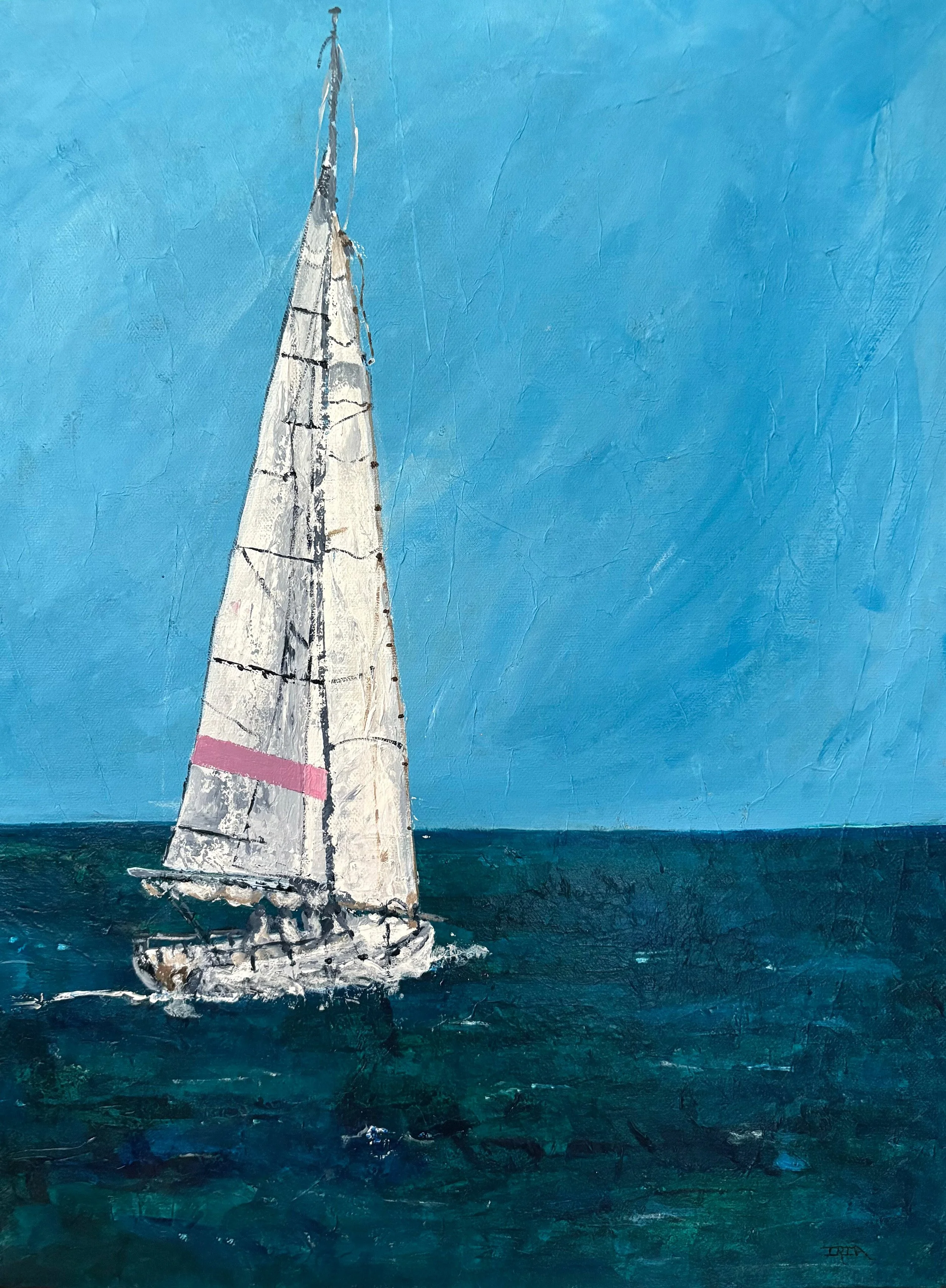 Sailboat with One Pink Stripe 16" x 20", mixed media