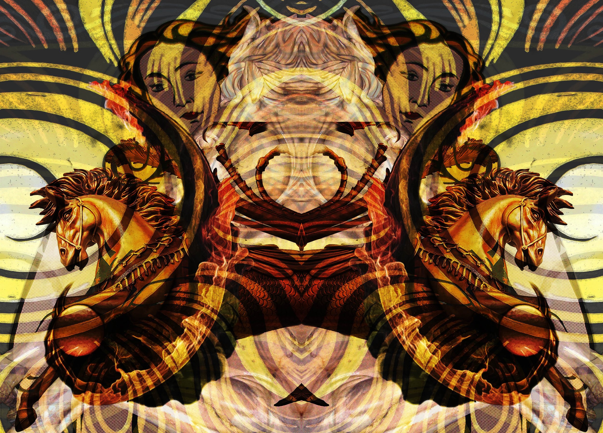  RoseMarie Escobar   
 Firing Up The Goddess   
8" x 12" 
Digital Photo Montage on Metal "Firing Up the Goddess" is a symbolic montage inspired by  "The Year of the Fire Horse”, the year of bold change.    The Fire-Horse planetary energetic charge on