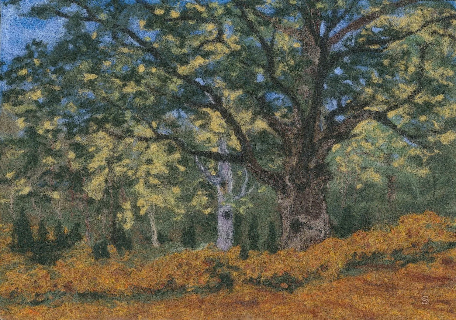 The Bodmer Oak, Fontaine Bleau Forest, after Monet, 16" x 11", felted wool