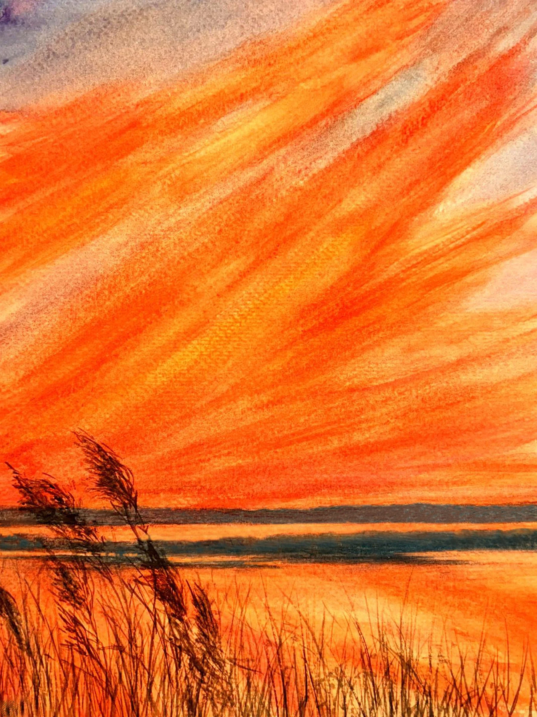  Kris Donovan   
 Fire in the Sky   
10" x 8" 
Watercolor Inspired by one of our amazing Sakonnet sunsets over the marsh and the river, this sky and reflection was one that I excitedly wanted to render in watercolor.  I don't often paint sunsets, I f