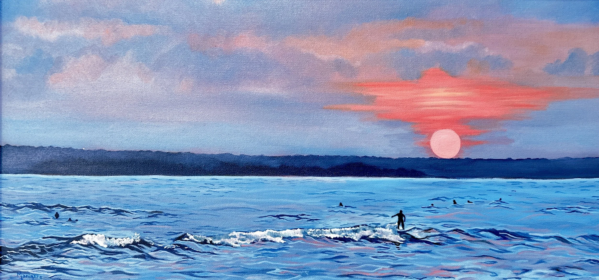  Marianne Boucher   
 Surfer's Sunset   
12" x 24" 
Oil I like to capture the natural elements in my oil paintings. This sunset scene shows surfer's enjoying a rare treat of sizable waves off of Horseback Beach in Westport, MA due to an offshore hurr
