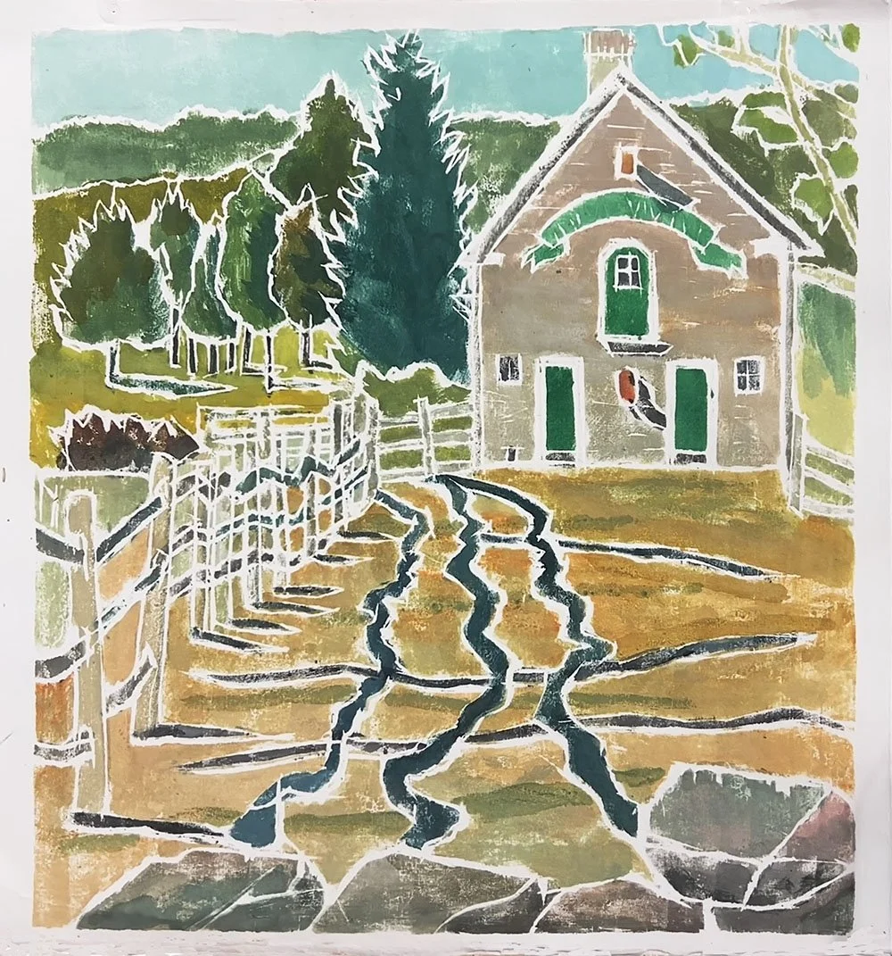 Frog Hollow Farm, 12" x 12", white line print on paper
