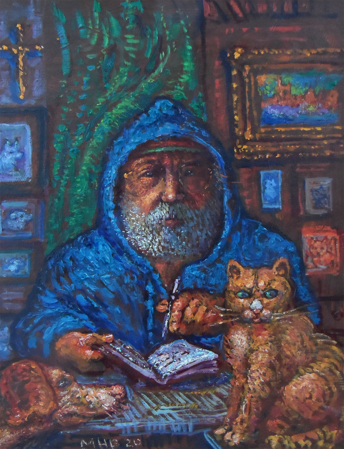 Self-portrait painting of Milton Brightman with his pets