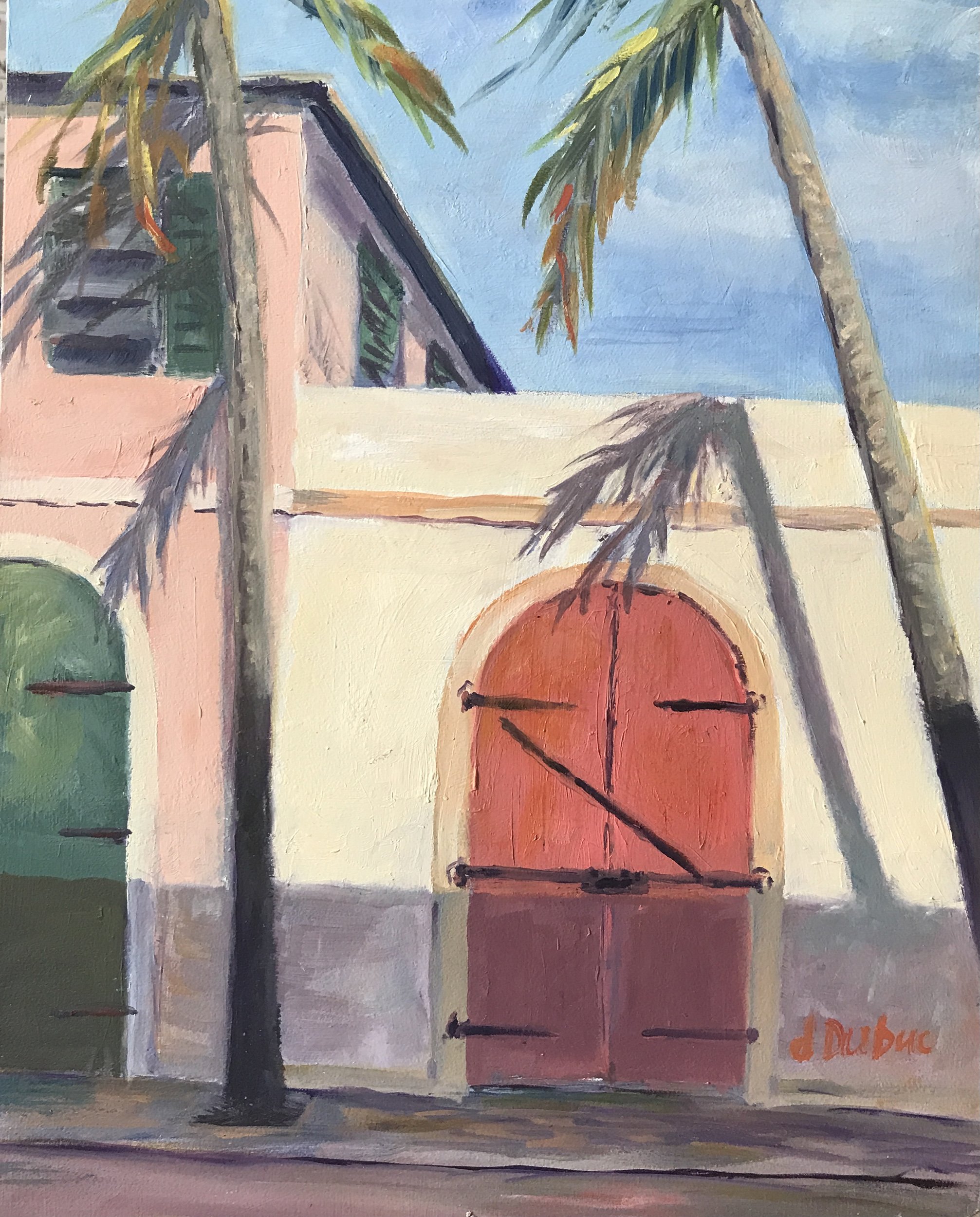 Janet Dubuc Shadow on Red Door Charlotte Amalie Oil on canvas 10" x 12" $190