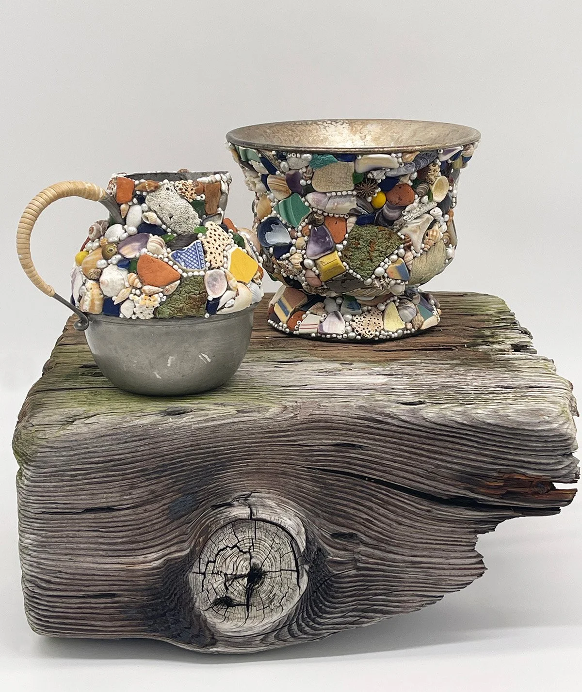 Memory Vessels, vase: 6" x 6" x 5", pitcher: 4" x 6" x 4", mixed media, epoxy, and reclaimed pewter vessels