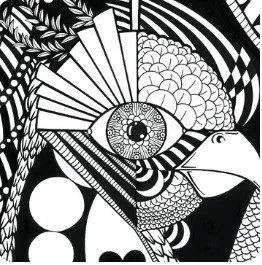 A black and white abstract illustration of a bird with a detailed eye, surrounded by geometric and floral patterns.