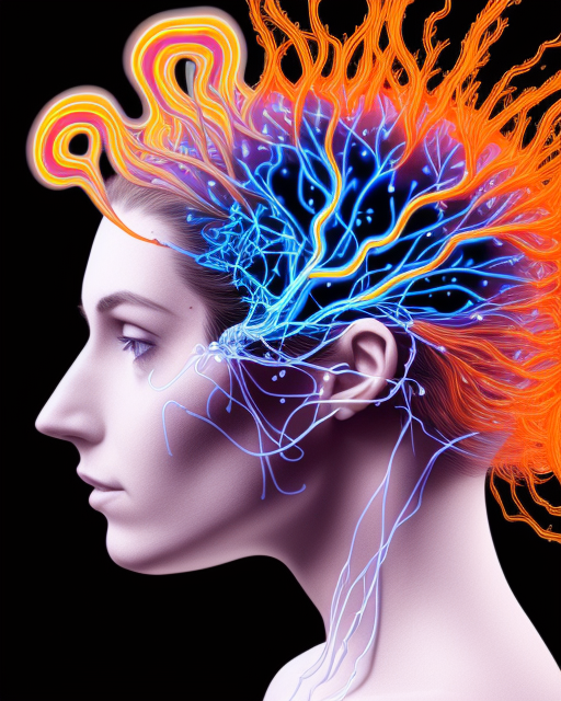 A woman in profile with digital neural network and electrical impulses emanating from her head, representing brain activity and connectivity.