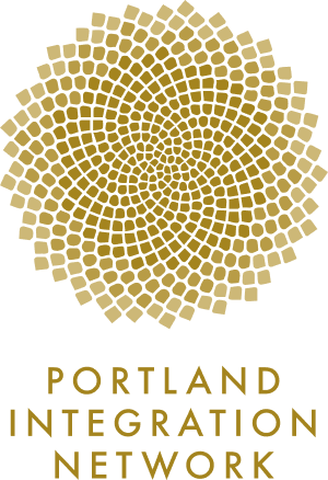 Gold mosaic spiral pattern with black background and gold text reading "Portland Integration Network"