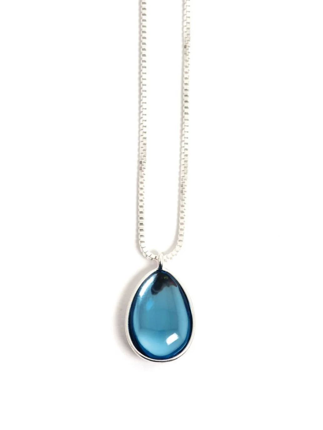 Blue Glass Drop Necklace with silver. Hand Cut Norway. Timeless Classic
