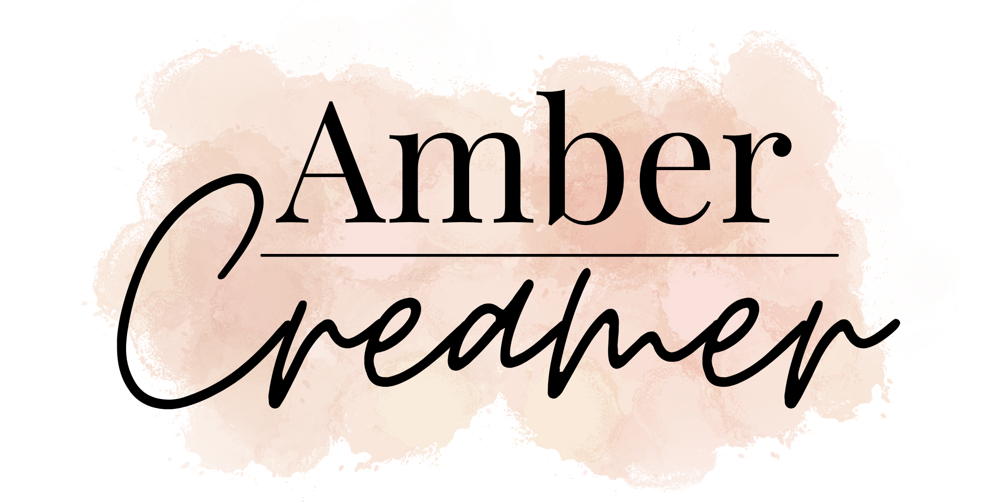 Text saying 'Amber Speader' with 'Amber' in large serif font and 'Speader' in handwritten script, over a pink watercolor background.
