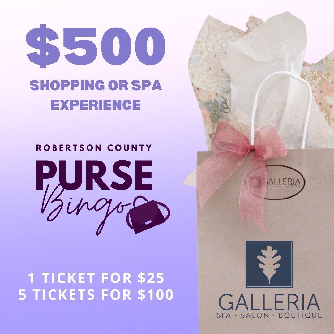 Enter our Robertson County Purse Bingo raffle for a chance to win a @galleriassb gift certificate 🤩

Just $25 can win you a shopping experience at the Century Square boutique or a few luxurious spa services- your choice!

This gift certificate is va