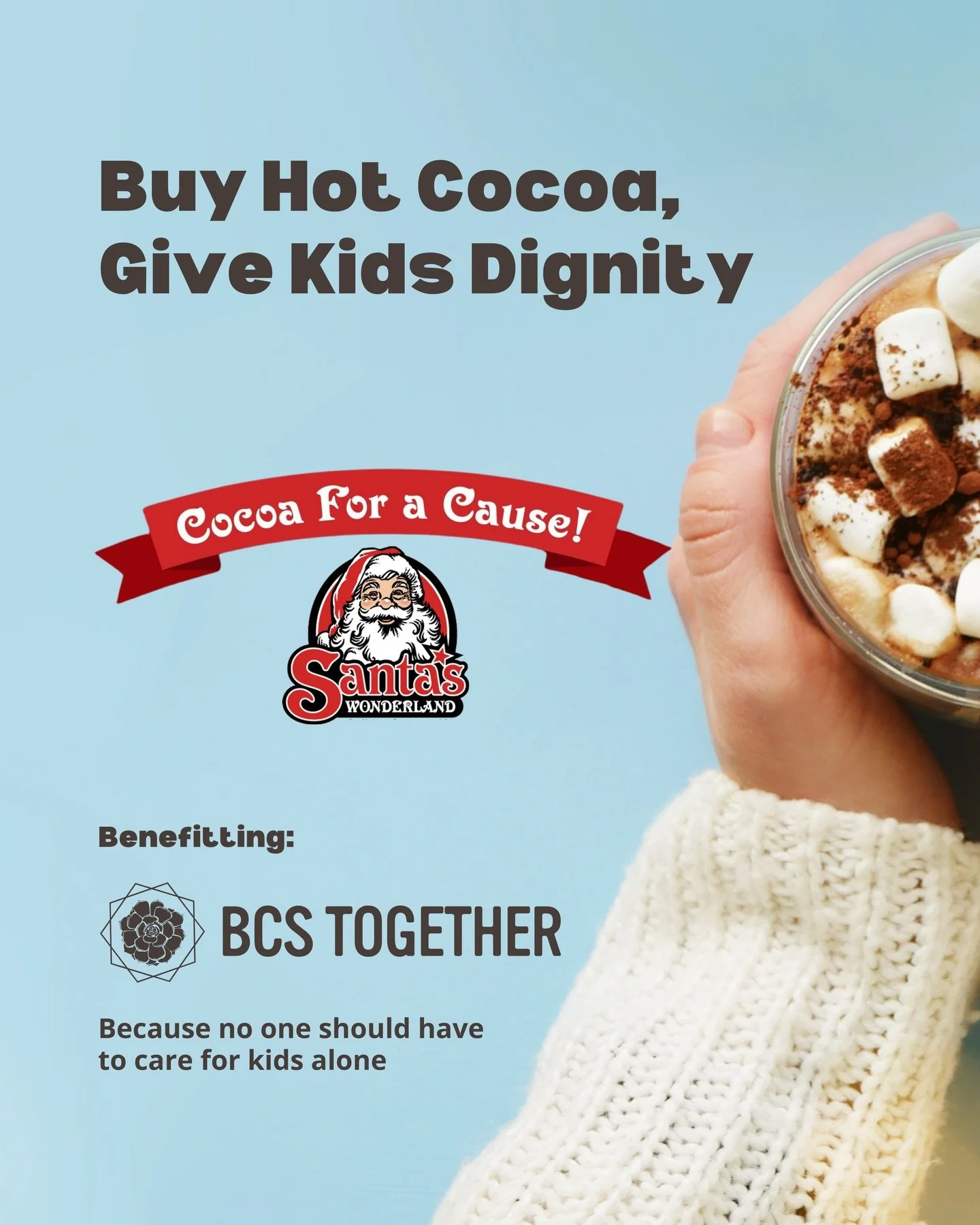 Join us at @santaswonderland on Sunday, December 14, for Cocoa for a Cause! Every cup of hot chocolate you purchase that evening will help support foster, adoptive, and kinship families in our community.