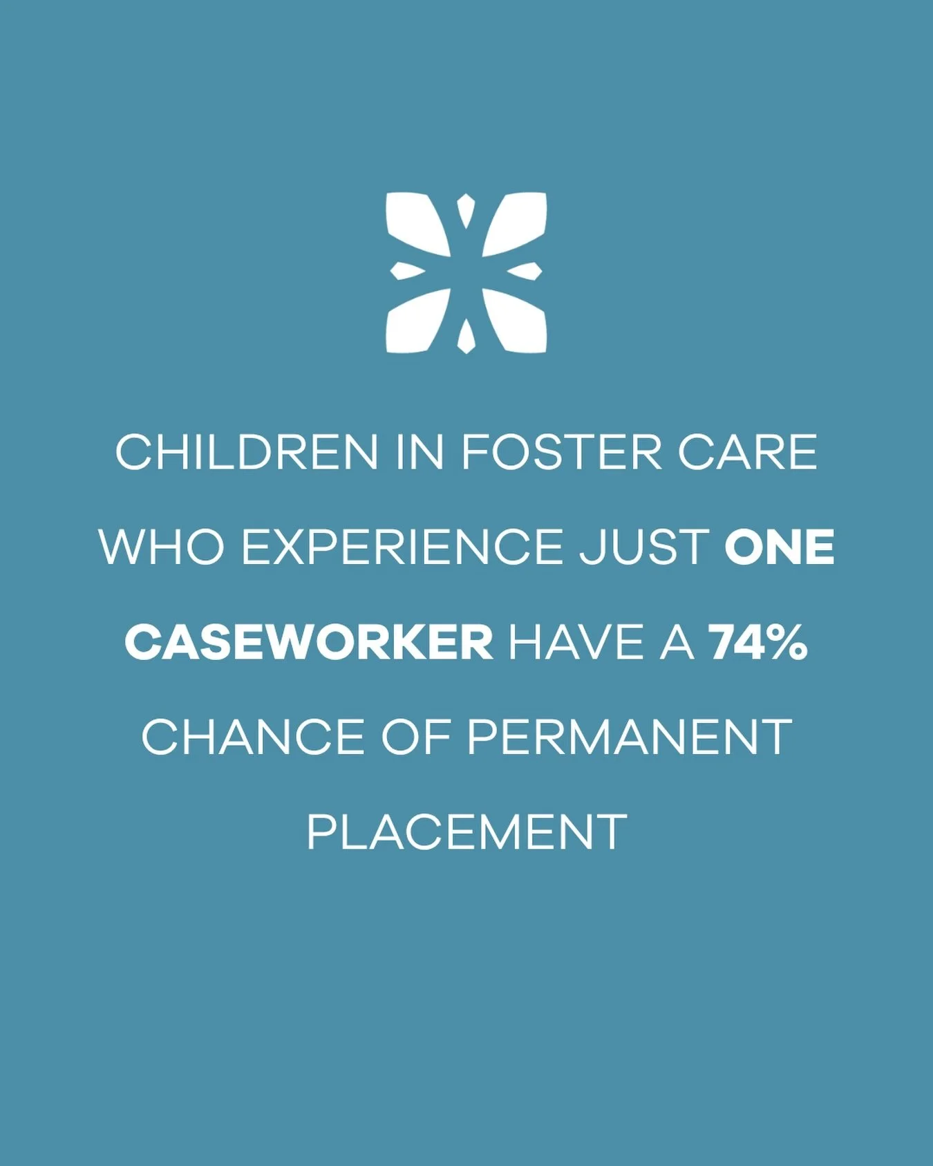 Children in foster care who have one consistent caseworker have a 74% chance of permanent placement.

But when that changes, the outcomes shift quickly. Only 17% of children with two caseworkers reach permanent placement, and with three or more, it d
