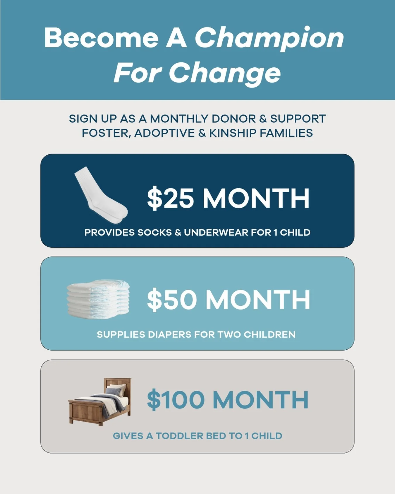Every day, foster, adoptive, and kinship families walk into The Closet to pick up essentials at no cost. Without The Closet, many of these caregivers may not have access to the items every child deserves.

You can help make sure those items are alway