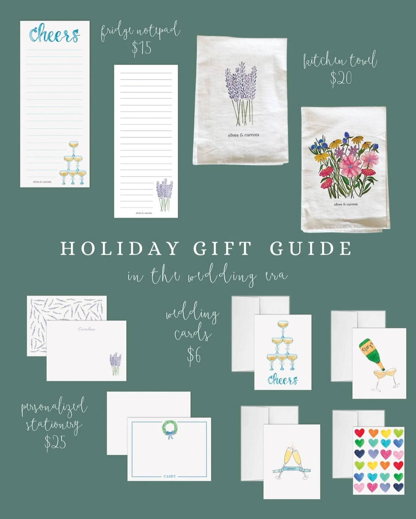 🔔 Wedding Bells 🔔 

If you yourself are a bride or for the brides in your life, our holiday gift guide! Personalized stationery for the many thank you notes to be written. Notepads for what feels like the never ending to-do list. Towels for a sweet